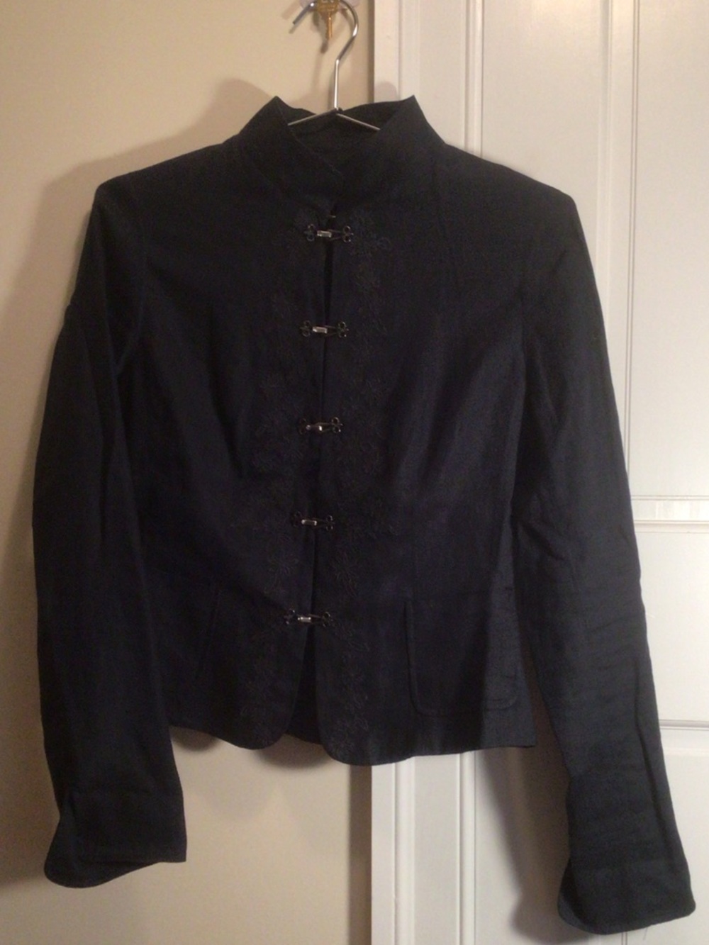 Tahari Navy Linen Mandarin Collar Blazer with Frog Closures